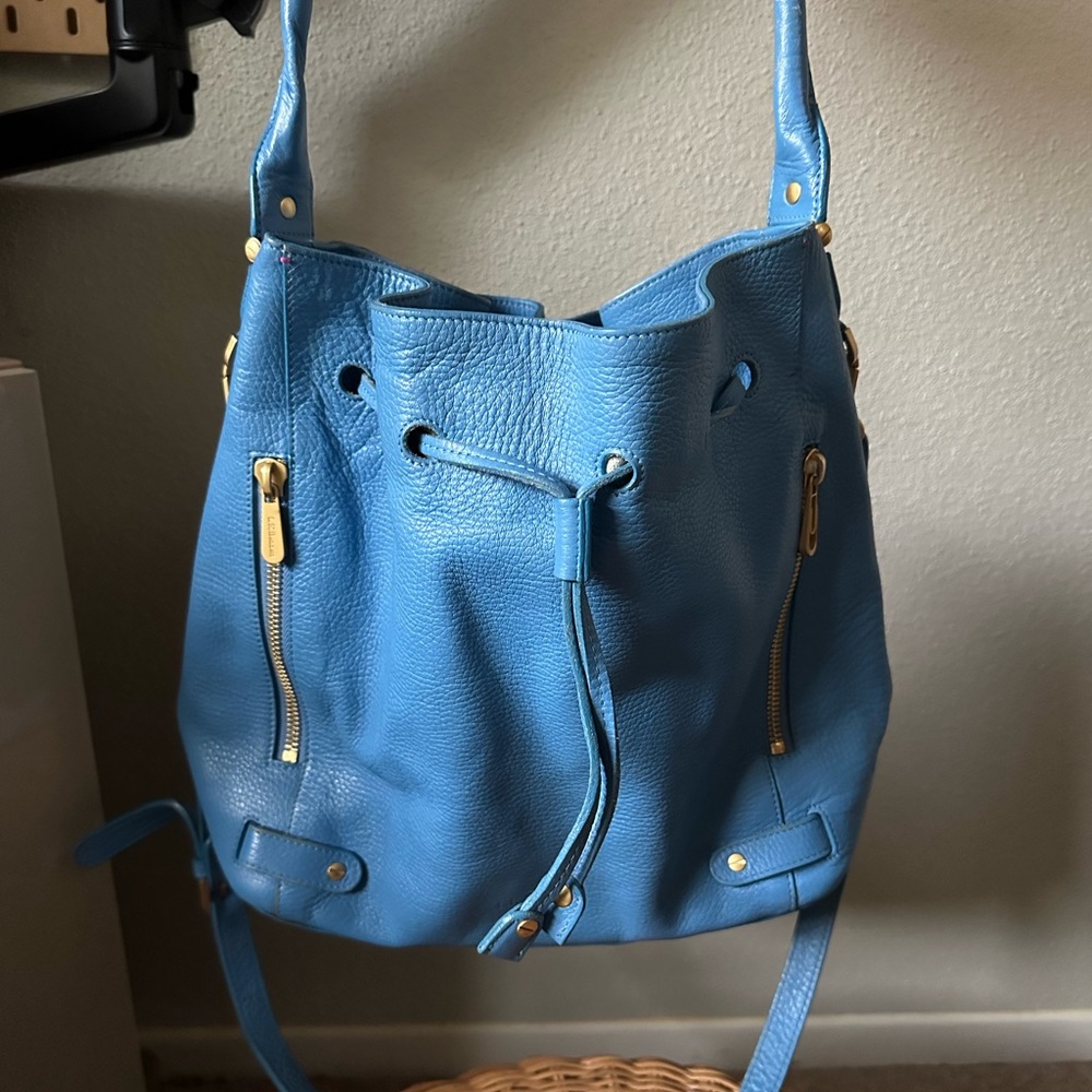 L.K. Bennett London Blue Pebbled Leather Bucket Bag Hobo Drawstring Made Italy